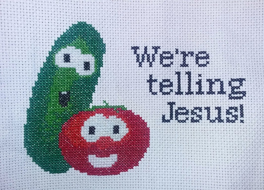 Veggie Tales cross stitch pattern: "We're Telling Jesus!"